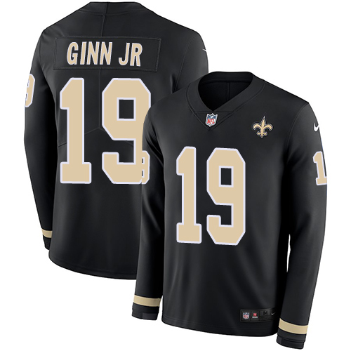 New Orleans Saints #19 Ted Ginn Jr Black Team Color Men's Stitched Limited Therma Long Sleeve Jersey Men's
