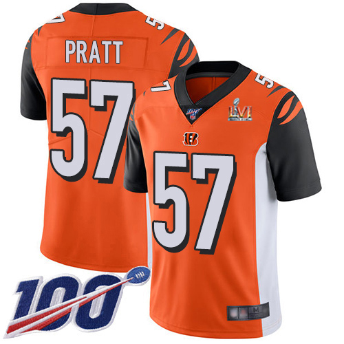 Cincinnati Bengals #57 Germaine Pratt Orange Super Bowl LVI Patch Alternate Men's Stitched 100th Season Vapor Limited Jersey Men's