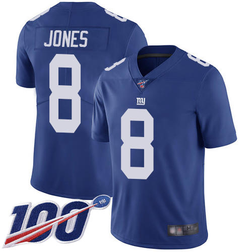 Giants #8 Daniel Jones Royal Blue Team Color Youth Stitched 100th Season Vapor Limited Jersey