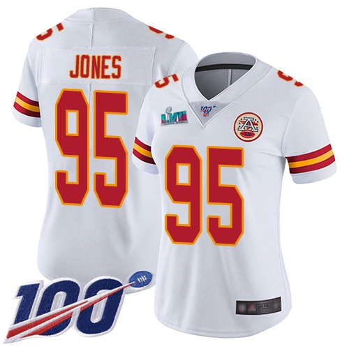 Chiefs #95 Chris Jones White Super Bowl LVII Patch Women's Stitched 100th Season Vapor Limited Jersey