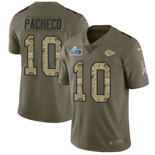 Chiefs #10 Isiah Pacheco Olive/Camo Super Bowl LVII Patch Men's Stitched Limited 2017 Salute To Service Jersey