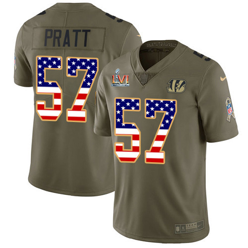 Cincinnati Bengals #57 Germaine Pratt Olive/USA Super Bowl LVI Patch Flag Men's Stitched Limited 2017 Salute To Service Jersey Men's