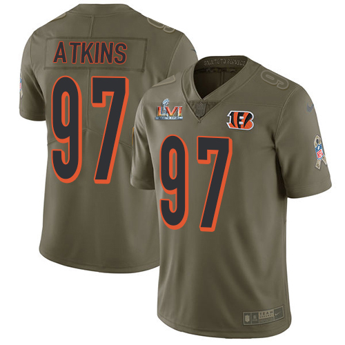 Cincinnati Bengals #97 Geno Atkins Olive Super Bowl LVI Patch Men's Stitched Limited 2017 Salute To Service Jersey Men's