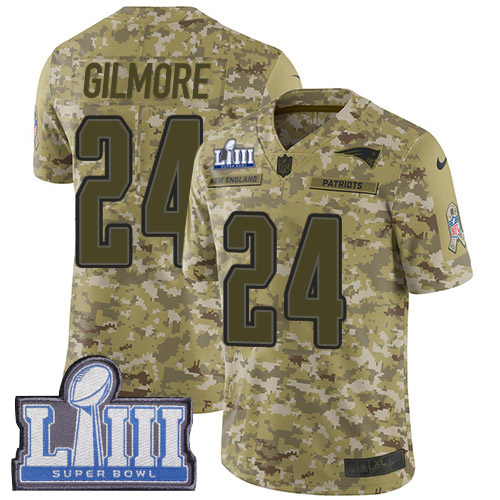 New England Patriots #24 Stephon Gilmore Camo Super Bowl LIII Bound Men's Stitched Limited 2018 Salute To Service Jersey Men's