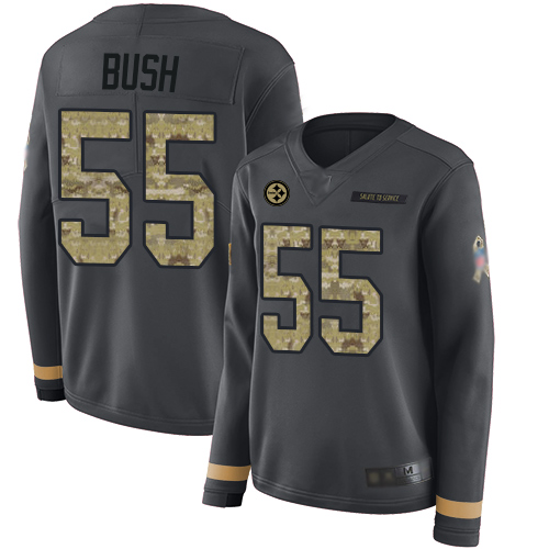 Pittsburgh Steelers #55 Devin Bush Anthracite Salute to Service Women's Stitched Limited Therma Long Sleeve Jersey Womens