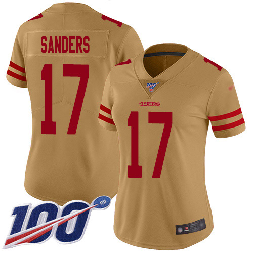San Francisco 49ers #17 Emmanuel Sanders Gold Women's Stitched Limited Inverted Legend 100th Season Jersey Womens