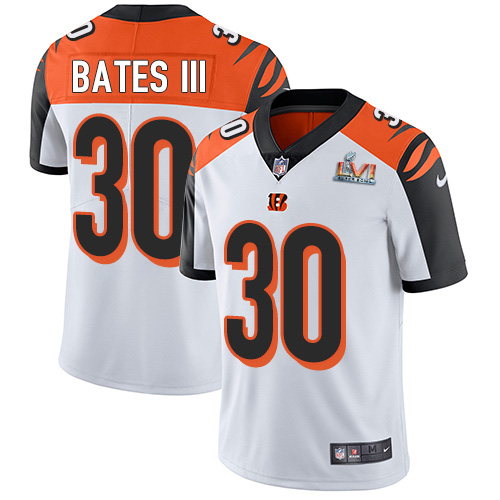 Bengals #30 Jessie Bates White Super Bowl LVI Patch Youth Stitched Vapor Untouchable Limited Jersey