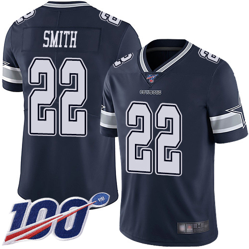 Cowboys #22 Emmitt Smith Navy Blue Team Color Men's Stitched 100th Season Vapor Limited Jersey