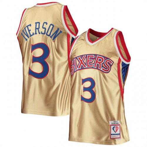 Philadelphia 76ers #3 Allen Iverson Mens Gold Mitchell & Ness 75th Anniversary 1996-97 Hardwood Classics Swingman Jersey Mens