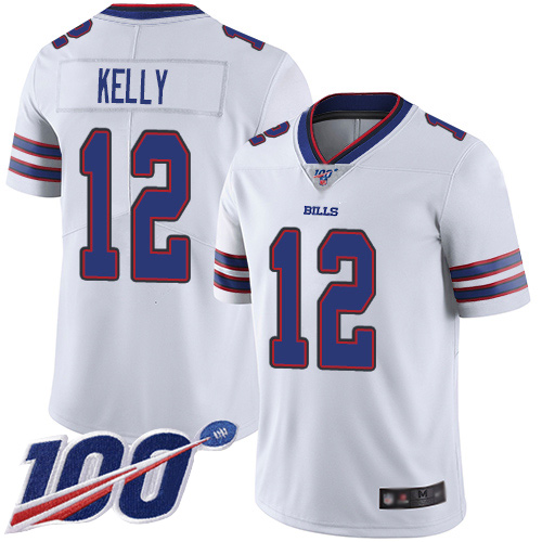 Bills #12 Jim Kelly White Men's Stitched 100th Season Vapor Limited Jersey