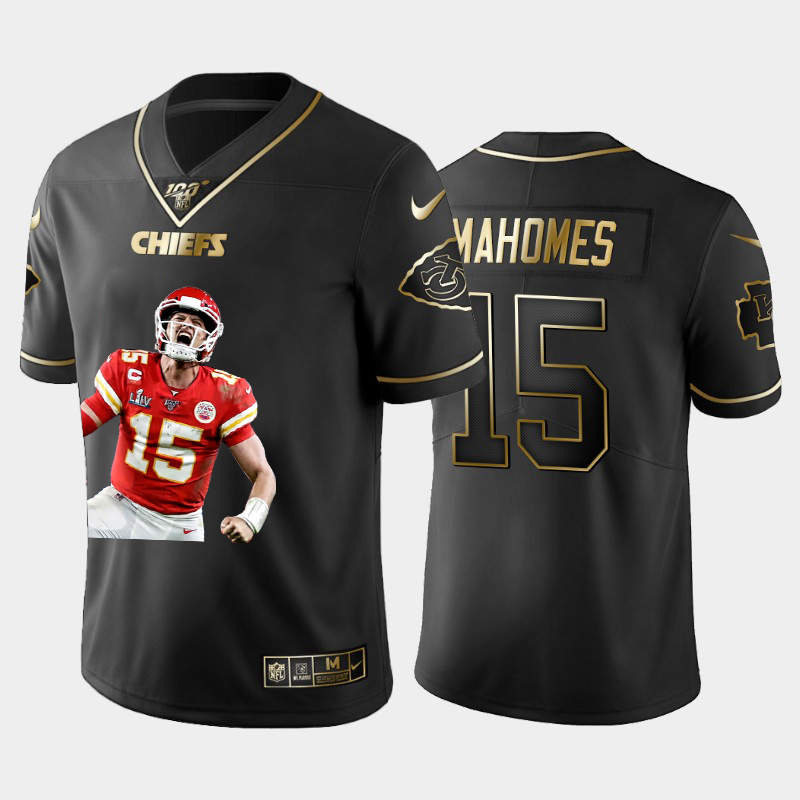 Kansas City Chiefs #15 Patrick Mahomes Team Hero 2 Vapor Limited 100 Jersey Black Golden