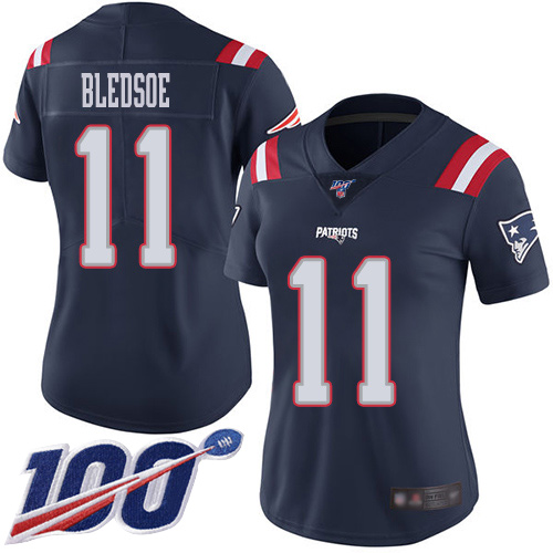 New England Patriots #11 Drew Bledsoe Navy Blue Women's Stitched Limited Rush 100th Season Jersey Womens
