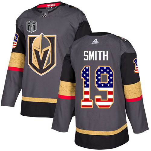 Adidas Golden Knights #19 Reilly Smith Grey 2023 Stanley Cup Final Patch Home Authentic USA Flag Stitched Jersey