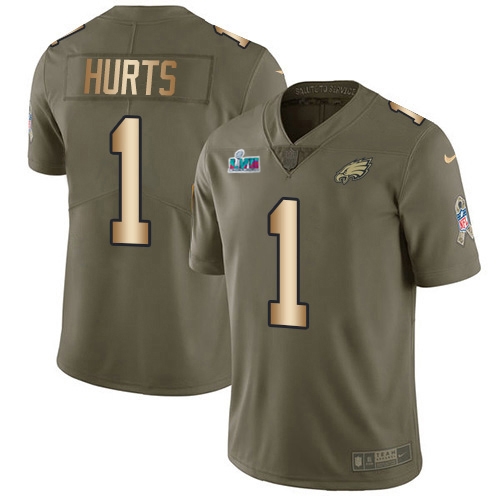 Eagles #1 Jalen Hurts Olive/Gold Super Bowl LVII Patch Youth Stitched Limited 2017 Salute To Service Jersey