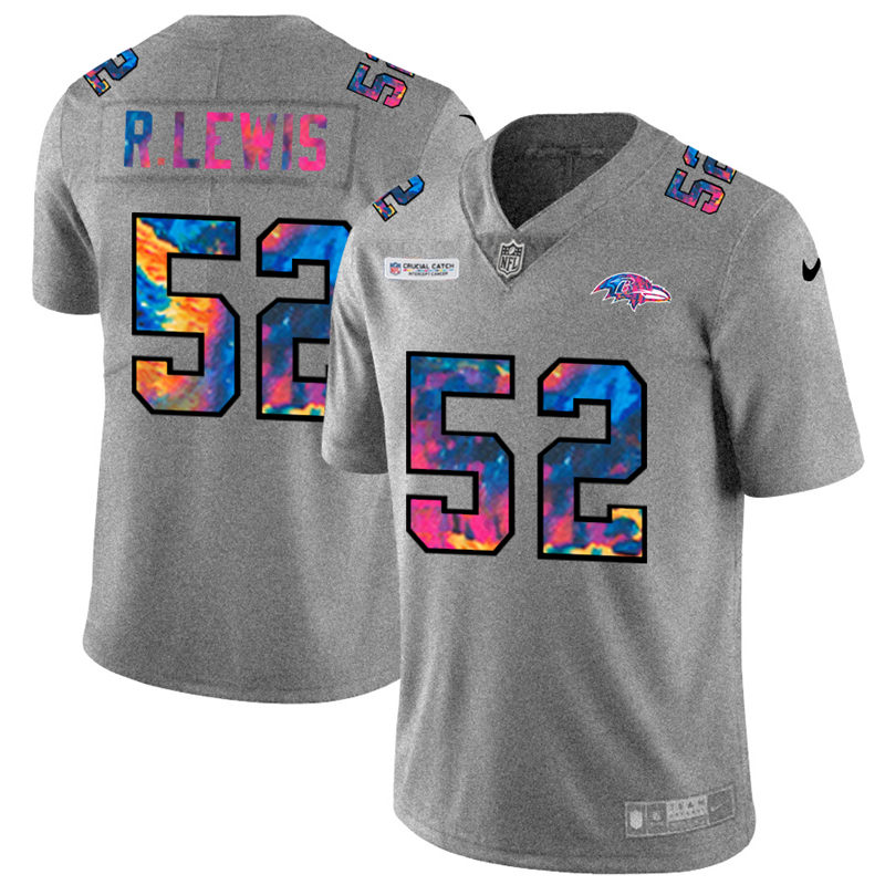 Baltimore Ravens #52 Ray Lewis Men's Multi-Color 2020 Crucial Catch Jersey Greyheather