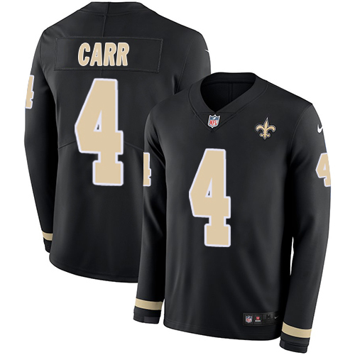 Saints #4 Derek Carr Black Team Color Men's Stitched Limited Therma Long Sleeve Jersey