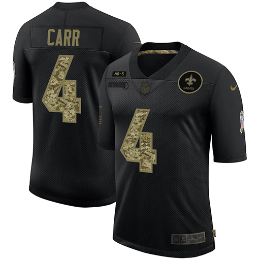 New Orleans Saints #4 Derek Carr Men's 2020 Salute To Service Camo Limited Jersey Black