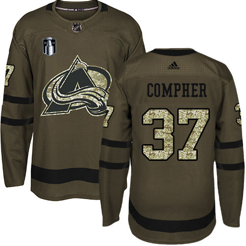 Adidas Colorado Avalanche #37 J.T. Compher Green 2022 Stanley Cup Final Patch Salute to Service Stitched Jersey Men's