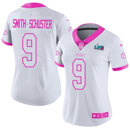 Chiefs #9 JuJu Smith-Schuster White/Pink Super Bowl LVII Patch Women's Stitched Limited Rush Fashion Jersey