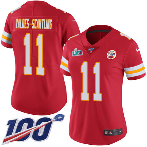 Chiefs #11 Marquez Valdes-Scantling Red Team Color Super Bowl LVII Patch Women's Stitched 100th Season Vapor Limited Jersey