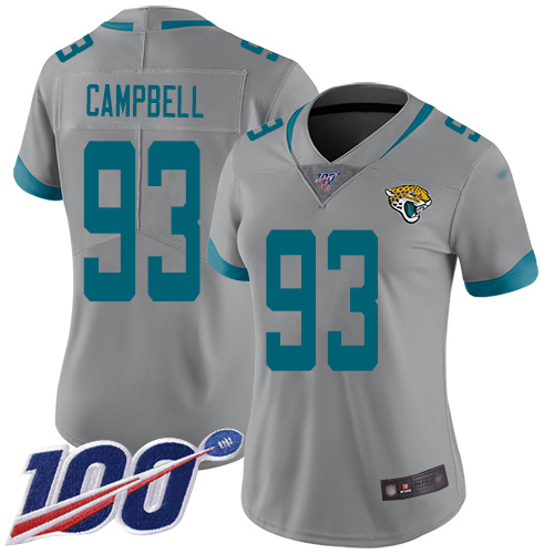 Jacksonville Jaguars #93 Calais Campbell Silver Women's Stitched Limited Inverted Legend 100th Season Jersey Womens