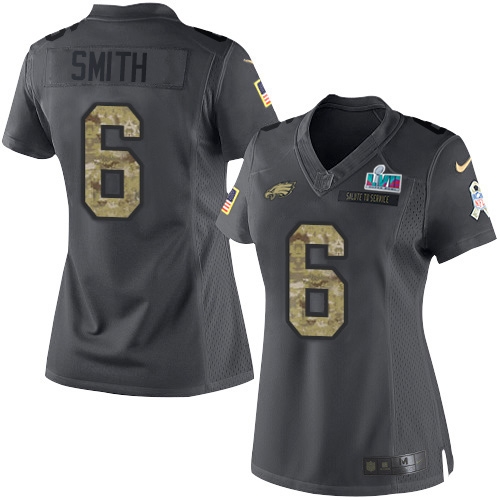 Eagles #6 DeVonta Smith Black Super Bowl LVII Patch Women's Stitched Limited 2016 Salute To Service Jersey