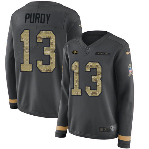 49ers #13 Brock Purdy Anthracite Salute To Service Women's Stitched Limited Therma Long Sleeve Jersey