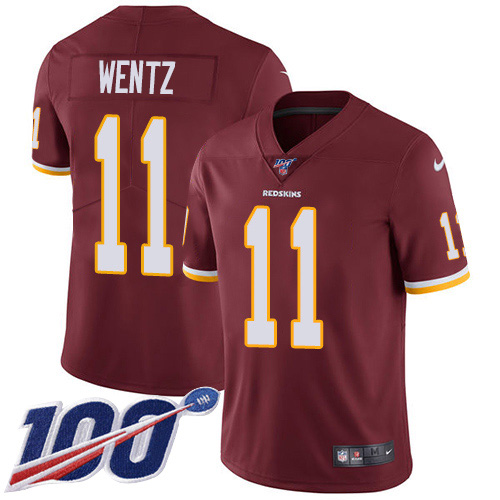 Washington Commanders #11 Carson Wentz Burgundy Red Team Color Youth Stitched 100th Season Vapor Limited Jersey Youth