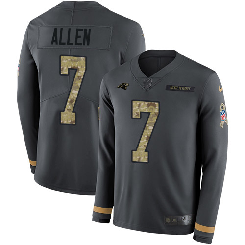 Carolina Panthers #7 Kyle Allen Anthracite Salute to Service Men's Stitched Limited Therma Long Sleeve Jersey Men's