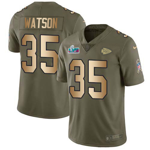 Chiefs #35 Jaylen Watson Olive/Gold Super Bowl LVII Patch Men's Stitched Limited 2017 Salute To Service Jersey
