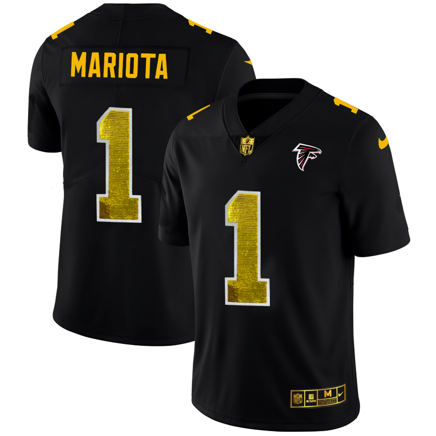 Atlanta Falcons #1 Marcus Mariota Men's Black Golden Sequin Vapor Limited Jersey
