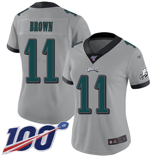 Eagles #11 A.J. Brown Silver Women's Stitched Limited Inverted Legend 100th Season Jersey