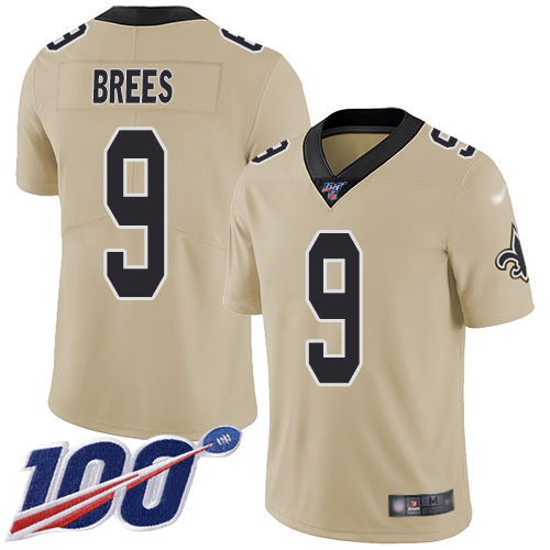 Saints #9 Drew Brees Gold Youth Stitched Limited Inverted Legend 100th Season Jersey