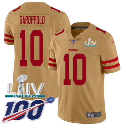 49ers #10 Jimmy Garoppolo Gold Super Bowl LIV 2020 Men's Stitched Limited Inverted Legend 100th Season Jersey
