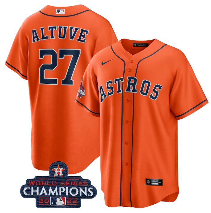 Houston Astros #27 Jose Altuve Orange 2022 World Series Champions Stitched Men's Jersey