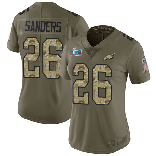 Eagles #26 Miles Sanders Olive/Camo Super Bowl LVII Patch Women's Stitched Limited 2017 Salute To Service Jersey