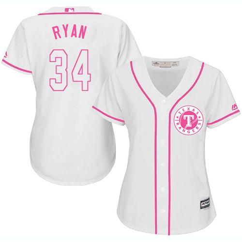 Texas Rangers #34 Nolan Ryan White/Pink Fashion Women's Stitched Jersey Womens