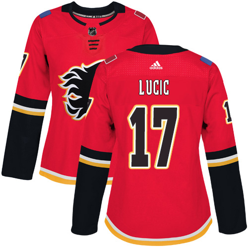 Adidas Calgary Flames #17 Milan Lucic Red Home Authentic Women's Stitched Jersey Womens