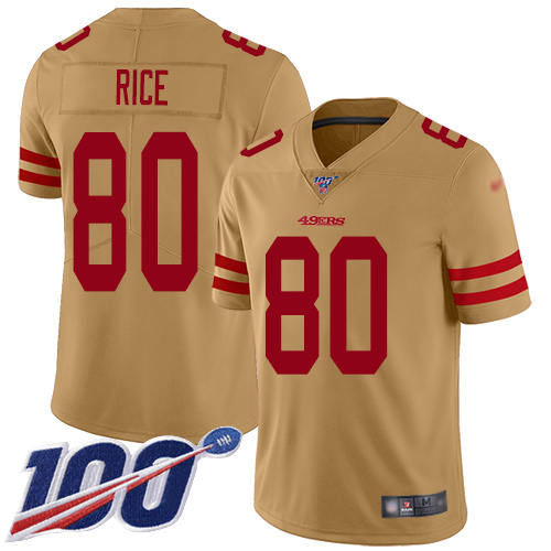 49ers #80 Jerry Rice Gold Men's Stitched Limited Inverted Legend 100th Season Jersey