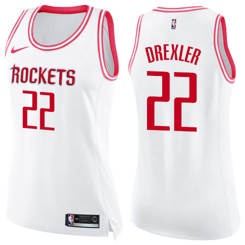 Houston Rockets #22 Clyde Drexler White/Pink Womens Swingman Fashion Jersey Womens