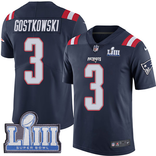 New England Patriots #3 Stephen Gostkowski Navy Blue Super Bowl LIII Bound Men's Stitched Limited Rush Jersey Men's