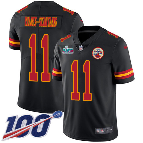 Chiefs #11 Marquez Valdes-Scantling Black Super Bowl LVII Patch Youth Stitched Limited Rush 100th Season Jersey