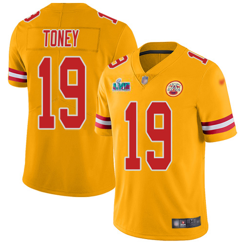 Chiefs #19 Kadarius Toney Gold Super Bowl LVII Patch Men's Stitched Limited Inverted Legend Jersey