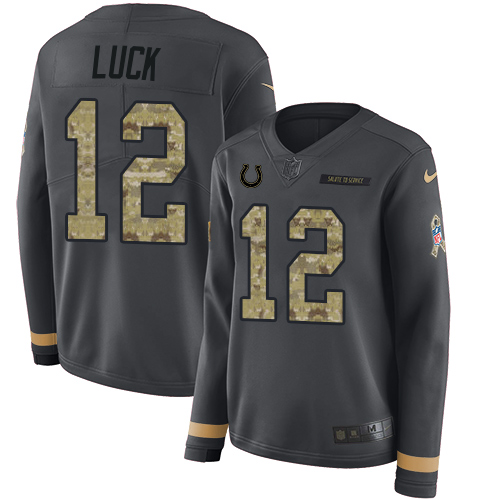 Indianapolis Colts #12 Andrew Luck Anthracite Salute to Service Women's Stitched Limited Therma Long Sleeve Jersey Womens