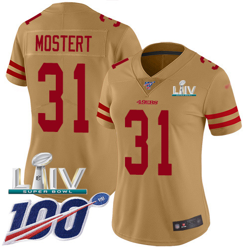 San Francisco 49ers #31 Raheem Mostert Gold Super Bowl LIV 2020 Women's Stitched Limited Inverted Legend 100th Season Jersey Womens