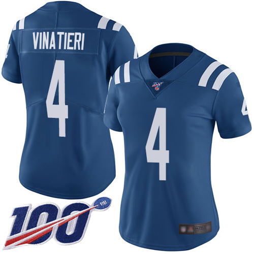 Indianapolis Colts #4 Adam Vinatieri Royal Blue Team Color Women's Stitched 100th Season Vapor Limited Jersey Womens