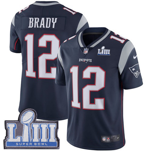 Patriots #12 Tom Brady Navy Blue Team Color Super Bowl LIII Bound Men's Stitched Vapor Untouchable Limited Jersey