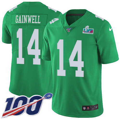 Eagles #14 Kenneth Gainwell Green Super Bowl LVII Patch Youth Stitched Limited Rush 100th Season Jersey