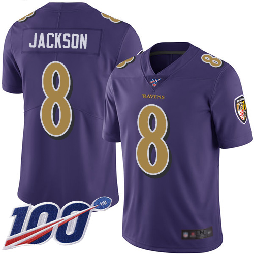 Ravens #8 Lamar Jackson Purple Youth Stitched Limited Rush 100th Season Jersey