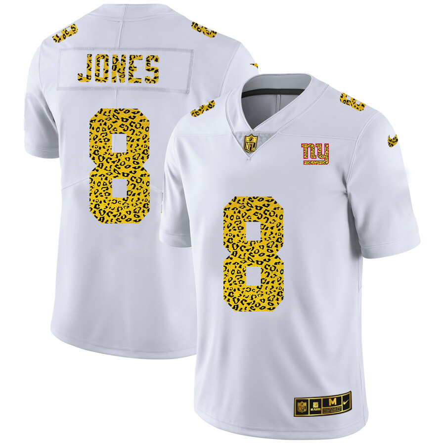 New York Giants #8 Daniel Jones Men's Flocked Leopard Print Vapor Limited Jersey White